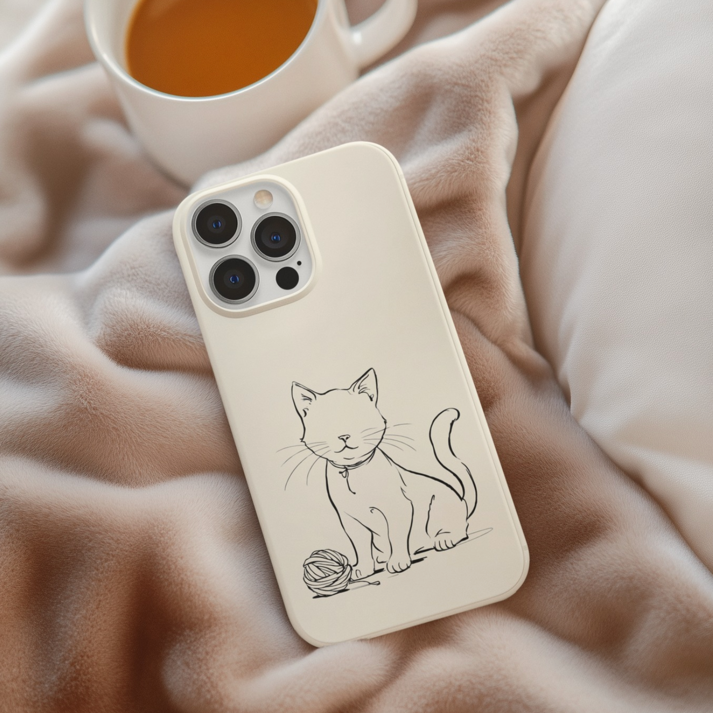 Playful Whiskers Phone Case, Minimalist Cat & Yarn Design