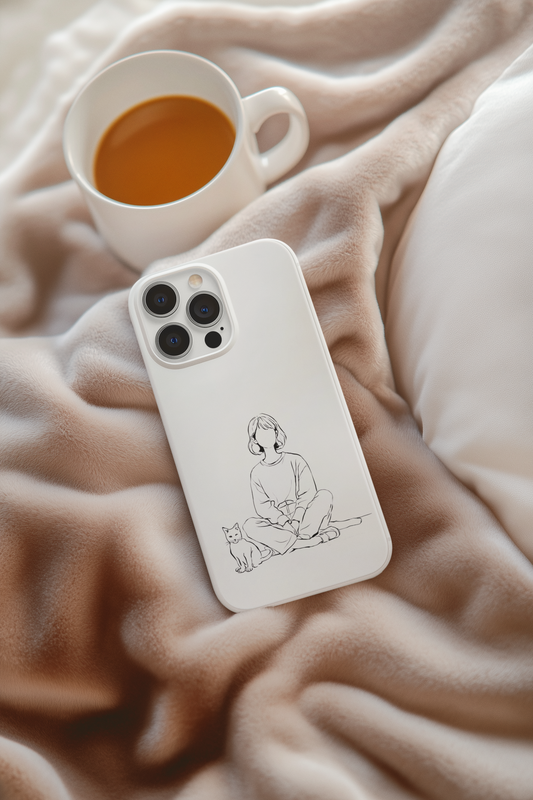 Girl and Cat Line Art Phone Case, Minimalist and Cozy Design, For iPhone 16 15 Pro 14 12 XR 7 8 Samsung